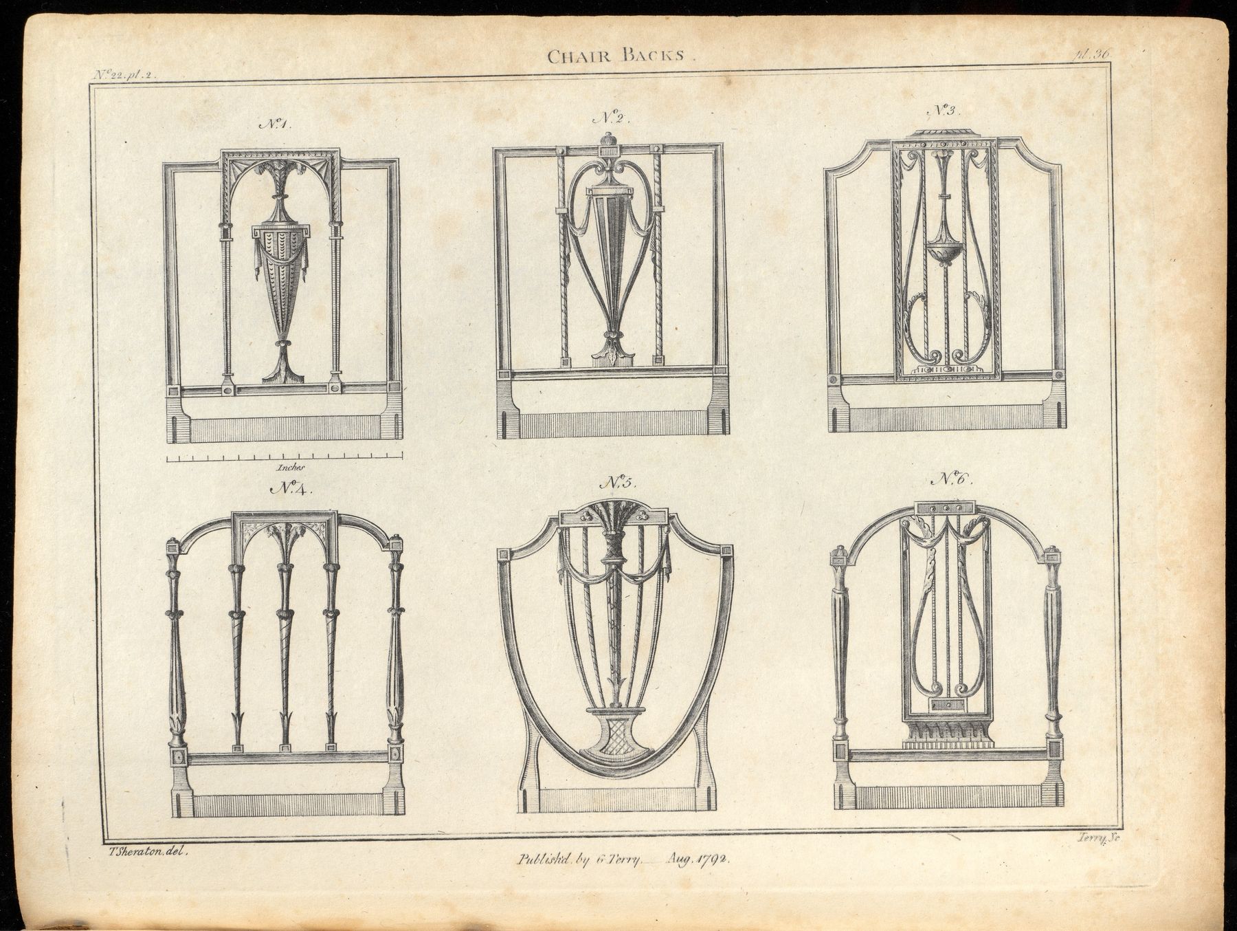 An engraved sheet of chair-back designs from a 1790s cabinet-maker's drawing book