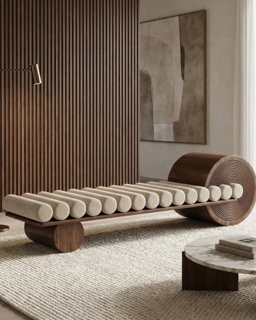 A bolster bench on a wooden base, from TG Living's Instagram